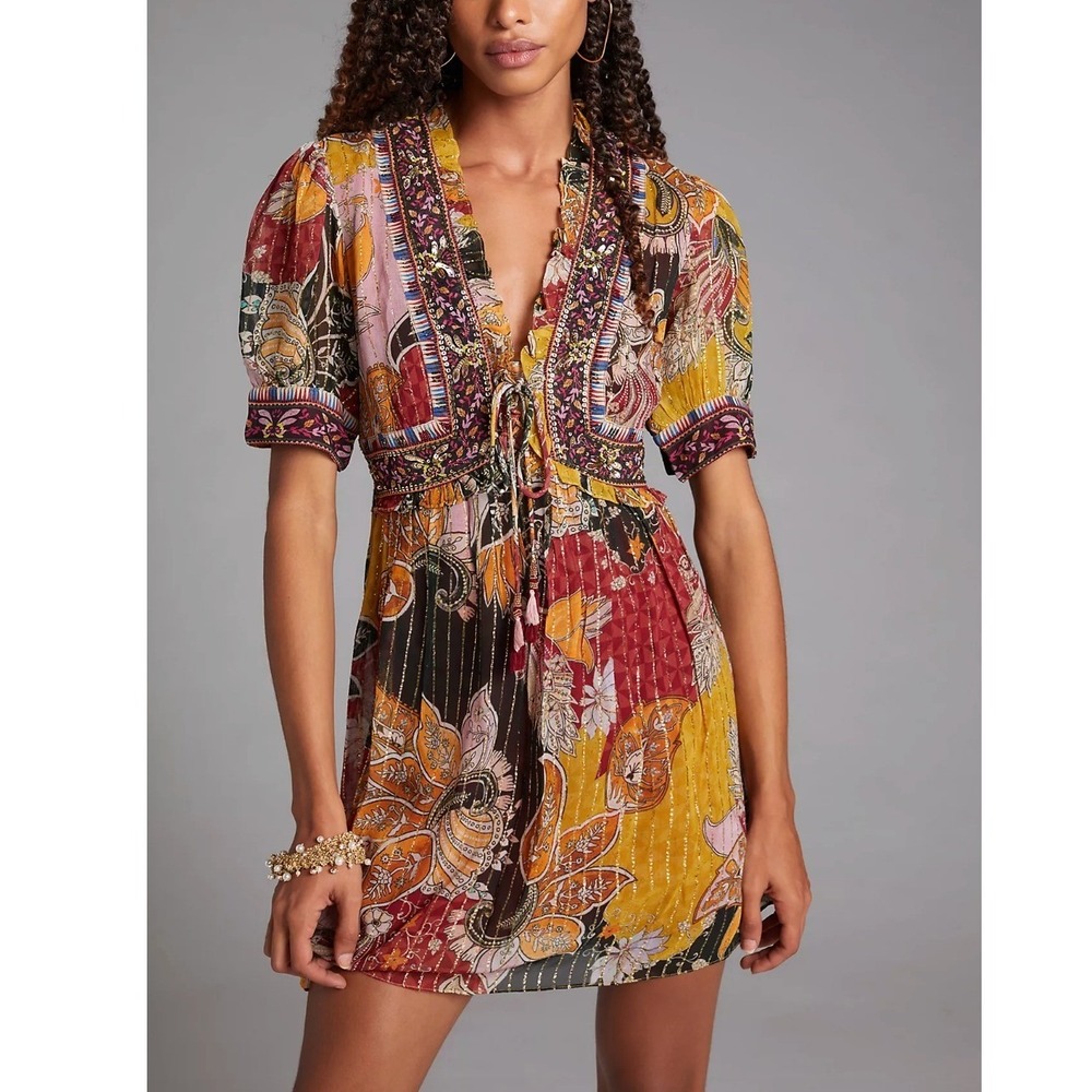 VERB by PALLAVI‎ SINGHEE x ANTHROPOLOGIE Paisley Beaded Shimmer Mini Dress